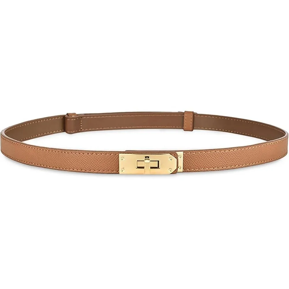 Women's Skinny Leather Belt With Adjustable Silver Turn-Lock Buckle Ideal Brown